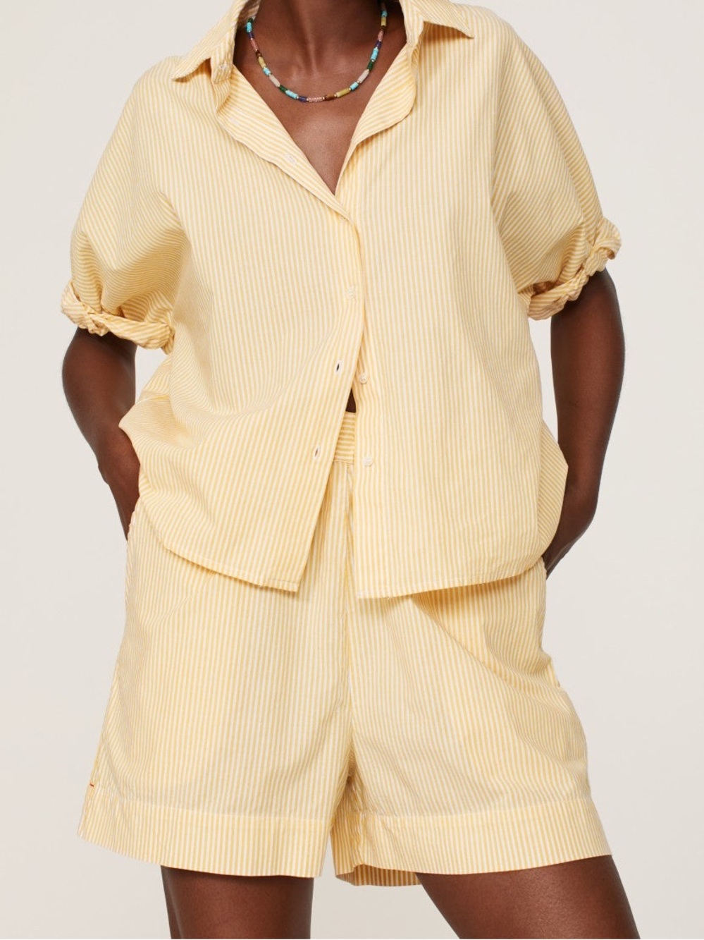 XiRENA Set! Yellow and White Striped Button-Down Shirt and Short Set